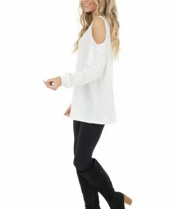 BiBi Ivory Waffle Knit Single Cold Shoulder Top With Neck Cutout 32 BiBi Ivory Waffle Knit Single Cold Shoulder Top With Neck Cutout