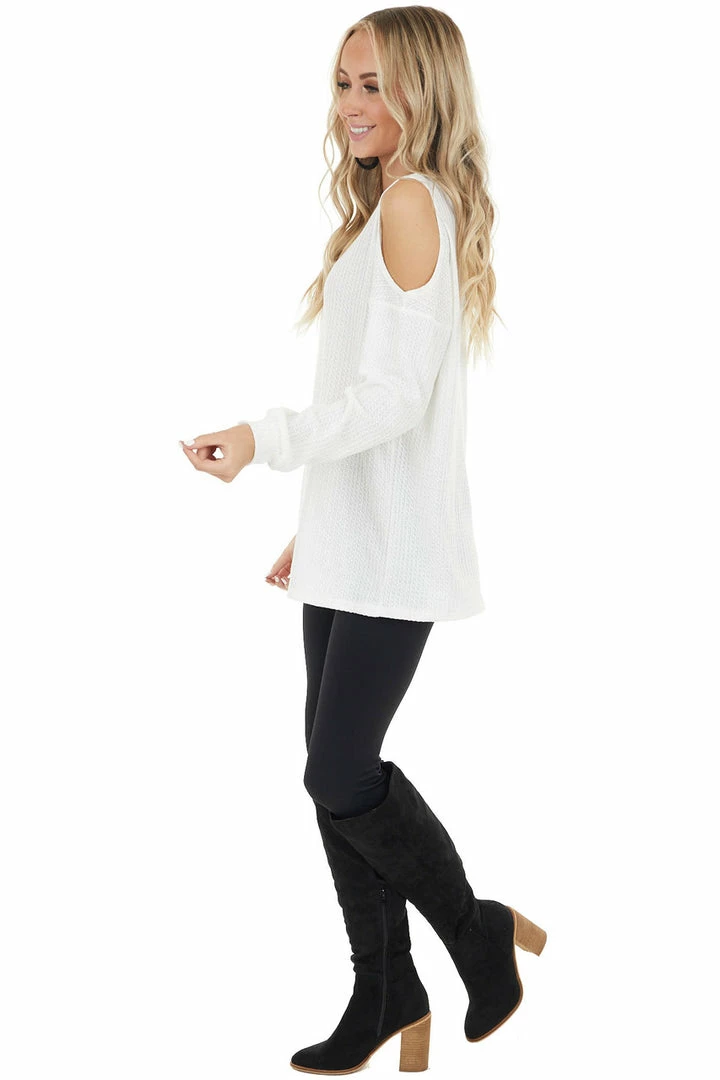 BiBi Ivory Waffle Knit Single Cold Shoulder Top With Neck Cutout 17 BiBi Ivory Waffle Knit Single Cold Shoulder Top With Neck Cutout
