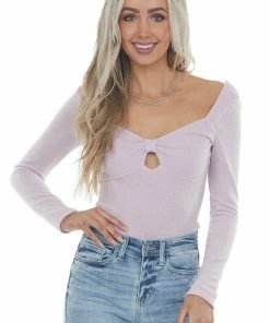 LE LIS Light Orchid Long Sleeve Bow Front Bodysuit