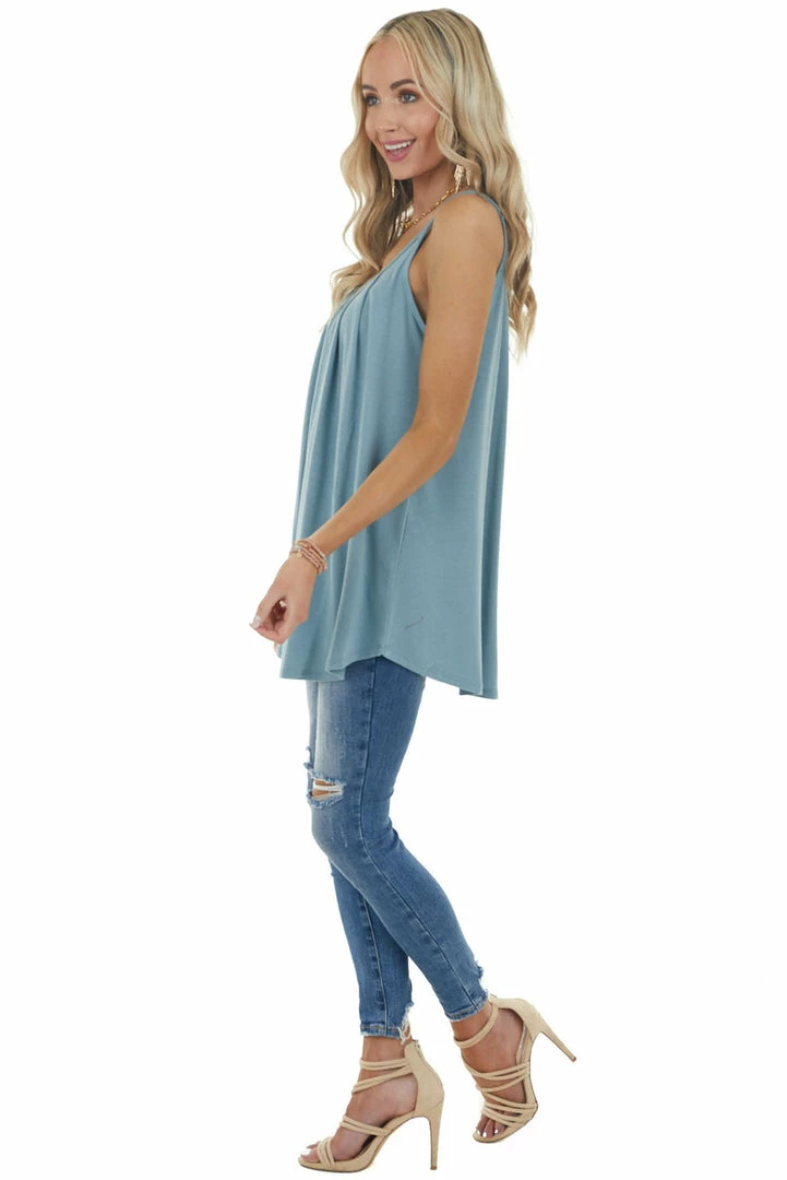 ZENANA Dusty Teal Sleeveless Knit Top With Pleated Neckline Tops 14 ZENANA Dusty Teal Sleeveless Knit Top With Pleated Neckline Tops