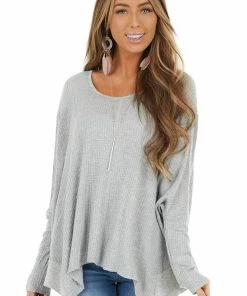 Kye Mi Heather Grey Oversized Thermal Knit Long Sleeve Top
