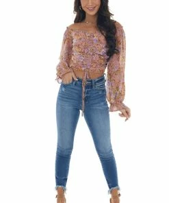 Illa Illa Dusty Rose Floral Print Ruched Front Crop Top Tops