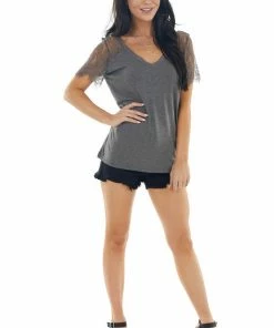 AND THE WHY Tops Graphite Short Sleeve V Neck Knit Top With Lace Details