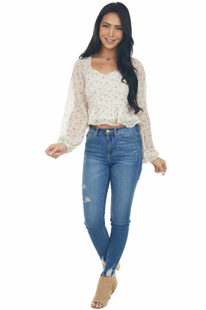 Peach Love Ivory Peplum Top With Baby Pink Floral Detail Tops 4 Peach Love Ivory Peplum Top With Baby Pink Floral Detail Tops