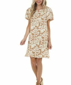 Ces Femme Light Sepia Leaf Print Woven Dress With Short Puff Sleeves Dresses 28 Ces Femme Light Sepia Leaf Print Woven Dress With Short Puff Sleeves Dresses