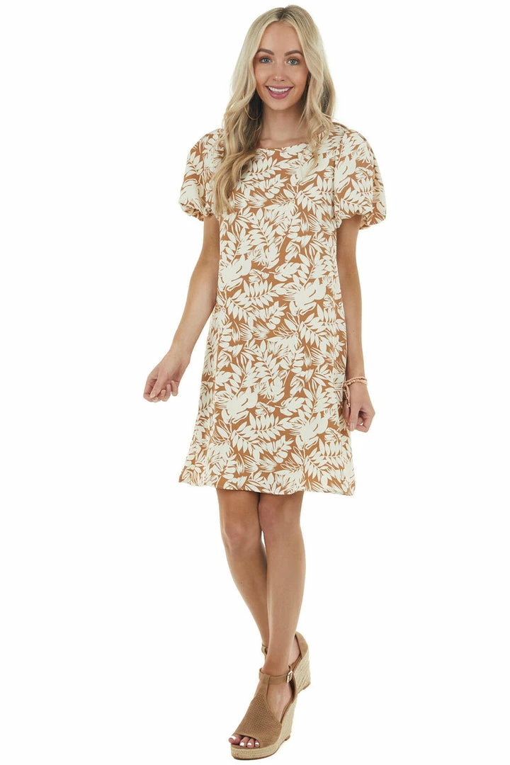 Ces Femme Light Sepia Leaf Print Woven Dress With Short Puff Sleeves Dresses 13 Ces Femme Light Sepia Leaf Print Woven Dress With Short Puff Sleeves Dresses