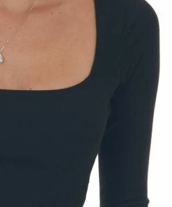 Style Melody Black Square Neck Long Sleeve Ribbed Crop Top