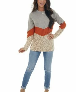 Haptics Tawny And Leopard Colorblock Long Sleeve Top