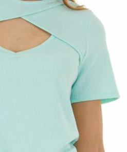 BiBi Mint Chest Cut Out Ribbed Knit Top With Short Sleeves Tops 33 BiBi Mint Chest Cut Out Ribbed Knit Top With Short Sleeves Tops