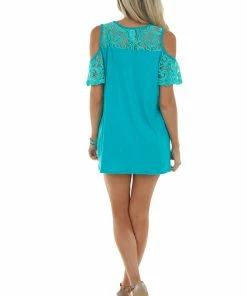 HEIMISH Teal Cold Shoulder Short Sleeve Knit Top With Lace Detail Tops