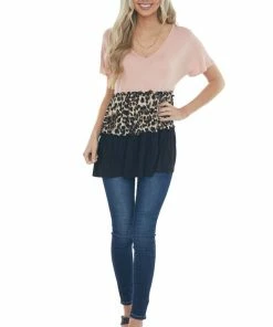 HEIMISH Blush And Leopard Print Colorblock Stretchy Knit Tunic Top