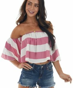 Fantastic Fawn Thulian Pink Striped Off Shoulder Flowy Top