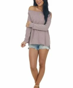 Fantastic Fawn Faded Mauve Melange Off The Shoulder Knit Top Tops