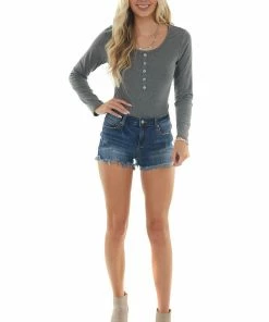 Vanilla Bay Graphite Ribbed Knit Long Sleeve Bodysuit Tops