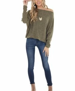 First Love Olive Dolman Sleeve Off Shoulder Top With Button Detail