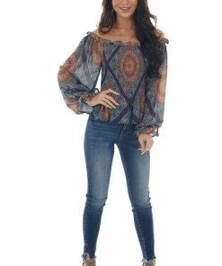 Flying Tomato Tops Navy Blue And Straw Abstract Print Smocked Top