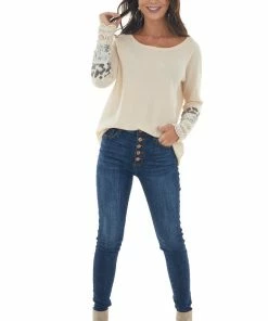 BiBi Beige Long Sleeve Waffle Knit Top With Multiprint Cuff Tops
