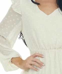 143 Story Cream Long Sleeve Ruffle Swiss Dot Dress