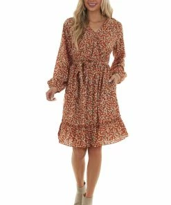 Davi & Dani Rust Floral Long Sleeve Surplice Neck Dress Dresses