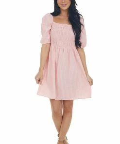Umgee Dresses Light Coral Smocked Puff Sleeve Short Dress