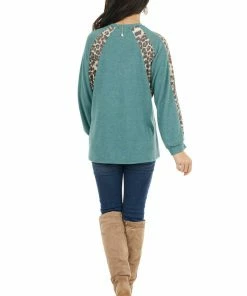 Cotton Bleu Pine Green And Leopard Print Colorblock Long Sleeve Top Tops
