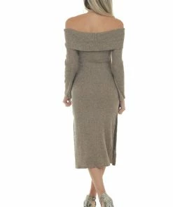 L Love Dresses Latte Ribbed Off Shoulder Bodycon Midi Dress