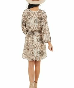 She + Sky Beige Snakeskin Print Short Dress With Smocked Waist Dresses