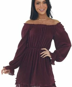 She + Sky Rich Wine Off The Shoulder Pleated Dress