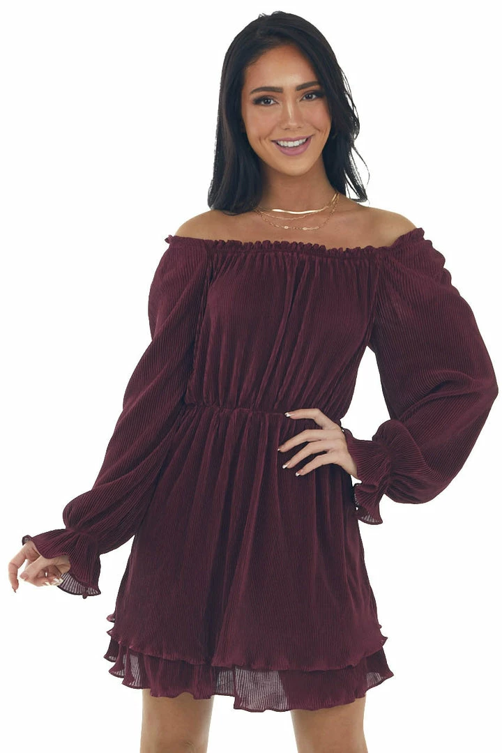 She + Sky Rich Wine Off The Shoulder Pleated Dress 3 She + Sky Rich Wine Off The Shoulder Pleated Dress