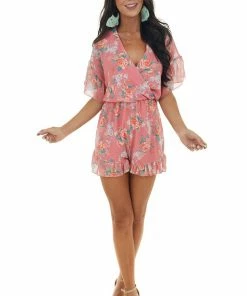 Peach Love Watermelon Floral Print Surplice Neck Romper
