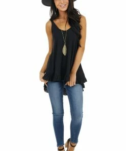 ANGIE Heathered Black Knit Tank Top With Ruffle And Lace Details
