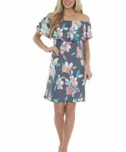 Sweet Lovely Dresses Navy Floral Off Shoulder Overlay Mini Dress