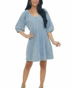 Umgee Medium Wash Pleated Puff Sleeve Denim Dress Dresses 31 Umgee Medium Wash Pleated Puff Sleeve Denim Dress Dresses