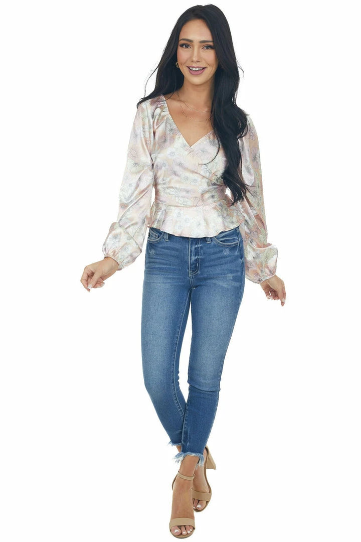 Peach Love Dusty Peach Satin Floral Surplice Peplum Top 11 Peach Love Dusty Peach Satin Floral Surplice Peplum Top