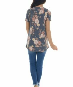 Lovely Melody Stormy Blue Floral Top With Gold Sequin Pocket