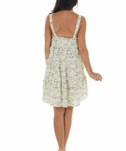 AND THE WHY Cream Floral Sleeveless Tiered Ruffle Dress Dresses