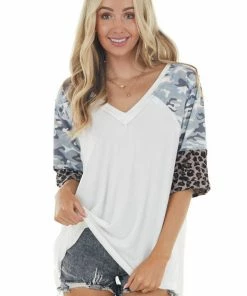 POL Clothing Ivory Super Soft Knit Top With 3/4 Length Multiprint Sleeves 26 POL Clothing Ivory Super Soft Knit Top With 3/4 Length Multiprint Sleeves