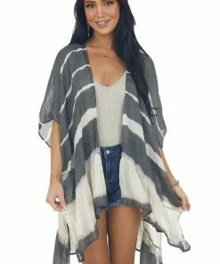 Umgee Shimmery Graphite Tie Dye Kimono With Back Tie Tops