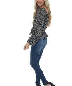 FSL APPAREL Black Animal Print Ruching Front Peplum Blouse