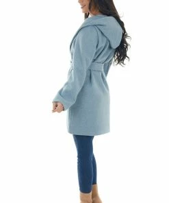 Style Melody Melange Powder Blue Hooded Brushed Knit Coat Outerwear