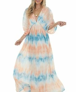 Flying Tomato Cobalt And Salmon Tie Dye Pleated Woven Maxi Dress Dresses