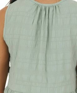 Lime 'N' Chili Sage Babydoll Plaid Textured Sleeveless Top Tops