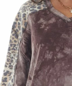 Easel Mauve Tie Dye And Animal Print Long Sleeve Top Tops