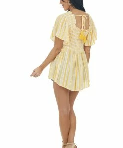 Jodifl Marigold Striped Smocked Bodice Peplum Blouse Tops