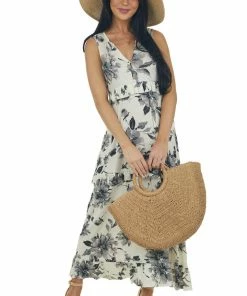 Ces Femme Dresses Champagne Floral Sleeveless Tiered Midi Dress