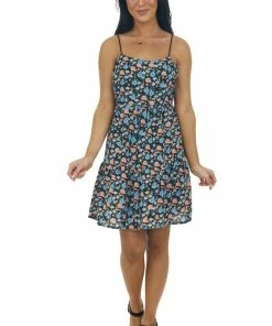 Umgee Black Floral Print Sleeveless Short Dress