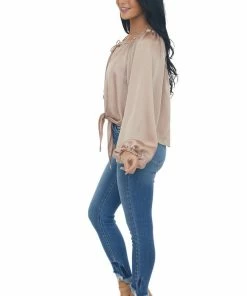 Peach Love Beige Notch Neck Front Tie Loose Satin Blouse