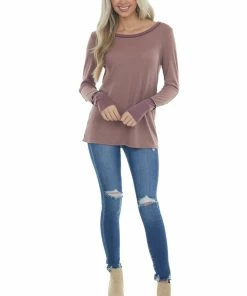 BiBi Rose Taupe And Berry Contrast Thermal Knit Top