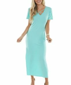 HEIMISH Aquamarine Criss Cross V Neck Knit Maxi Dress
