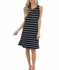 BOMBOM Dresses Black And Off White Striped Sleeveless Short Swing Dress